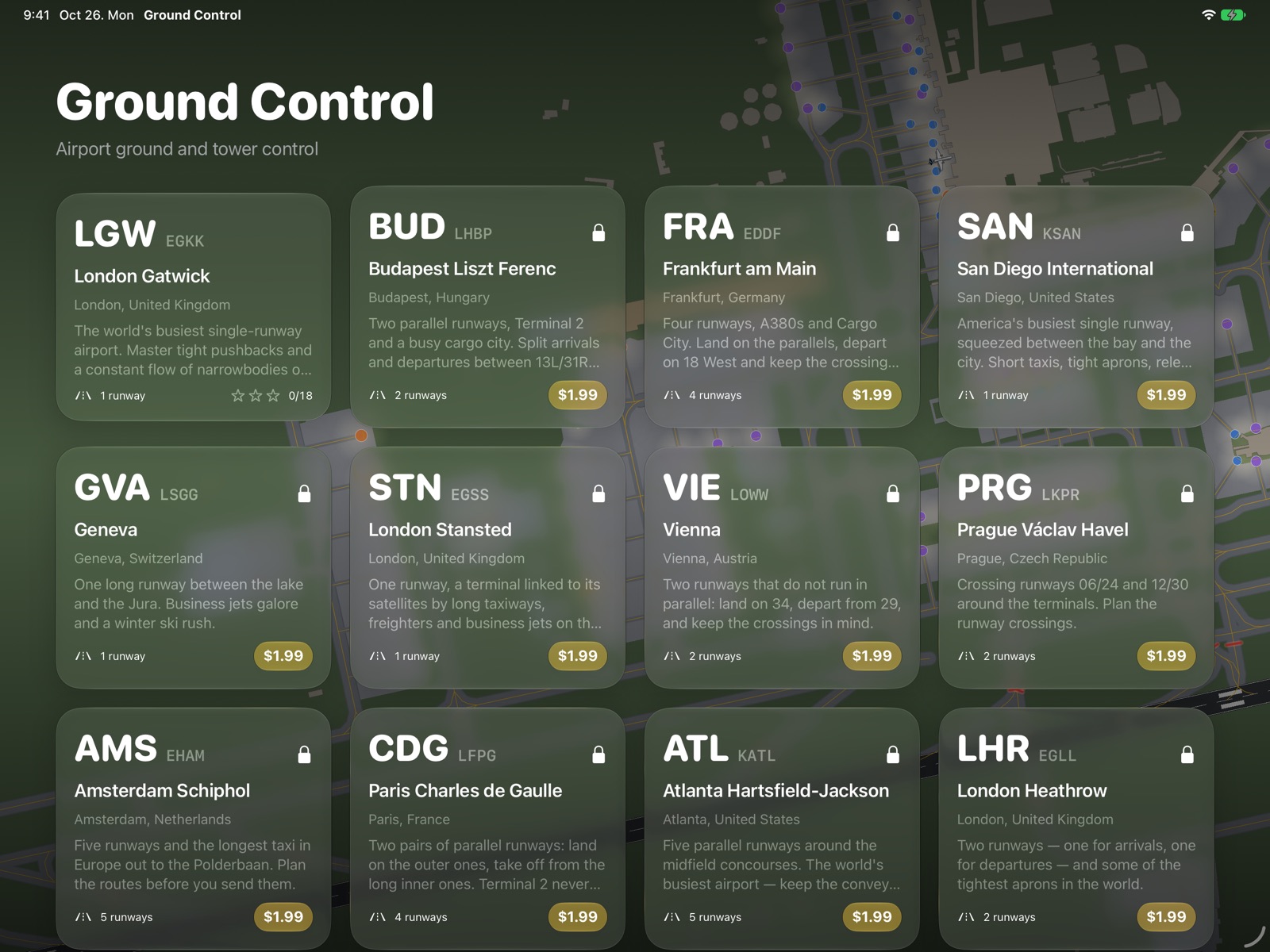 The main menu with twelve airports
